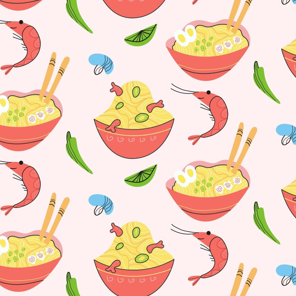 pattern with noodles and shrimp and pepper vector