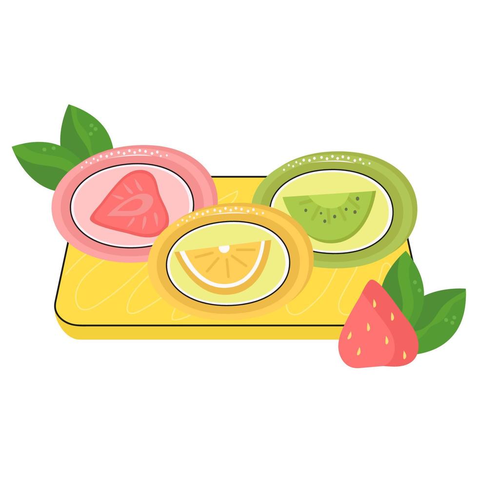 mochi diferente con fresa, naranja, kiwi sobre fondo aislado vector