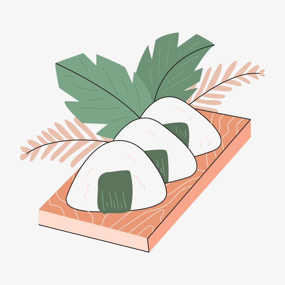 Onigiri comida japonesa con hojas sobre fondo aislado vector