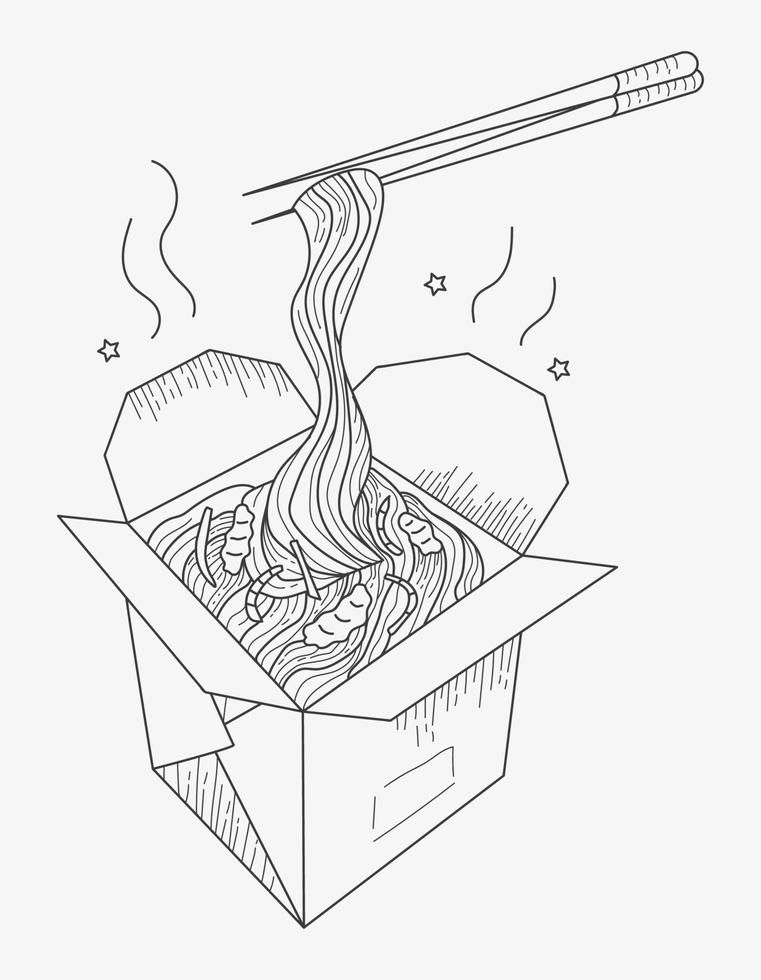 wok comida china. fideos en caja con carne y palillos chinos vector