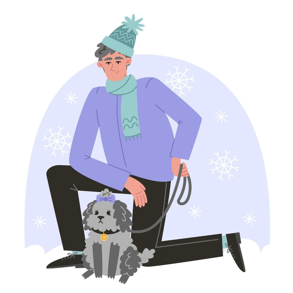 Senior man walking his dog n winter vector