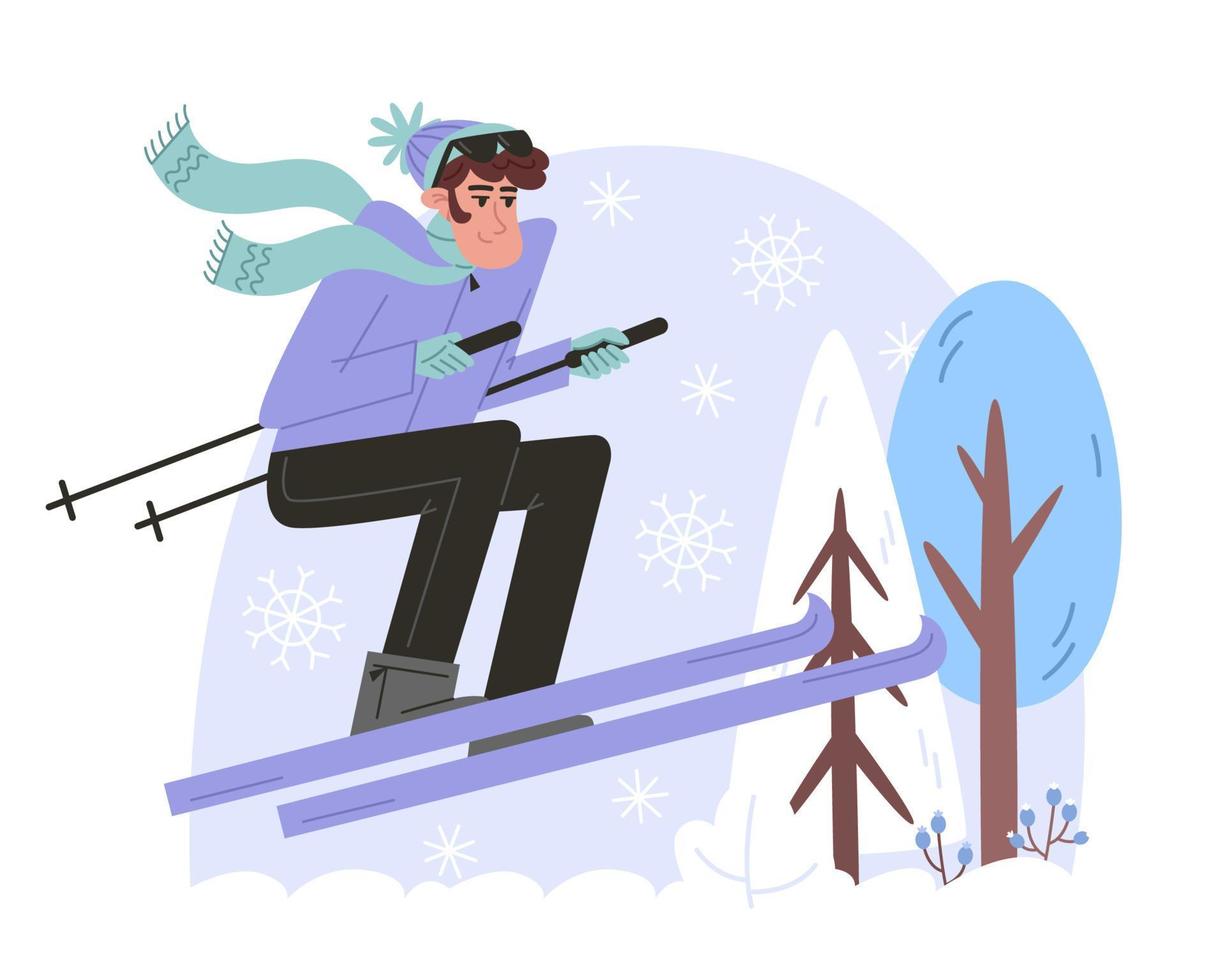 Young man skiing in sportswear in winter forest vector