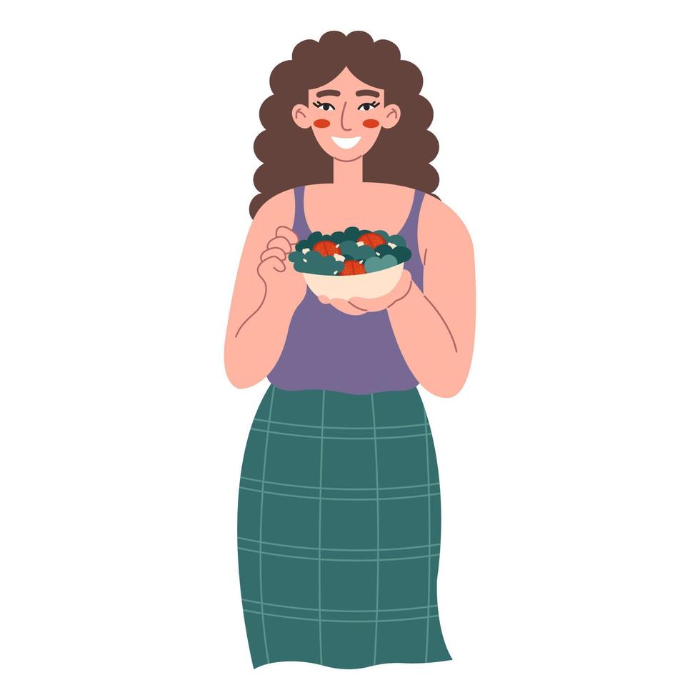 mujer joven con ensalada de verduras saludables. una mujer vegetariana sonriendo aislada en un fondo blanco. vector