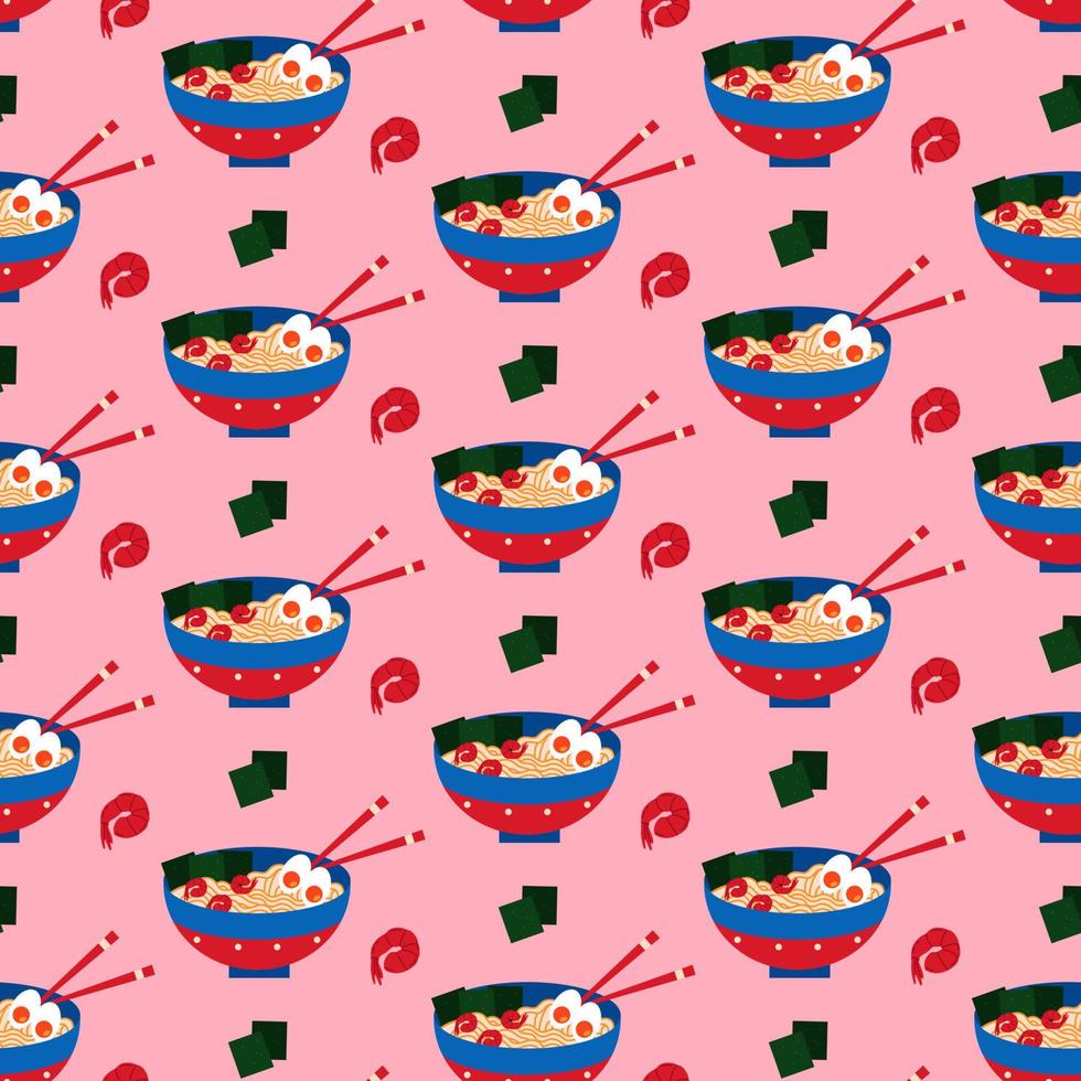 Seamless pattern with chinese soup ramen, prawns and nori seaweed on pink background. vector