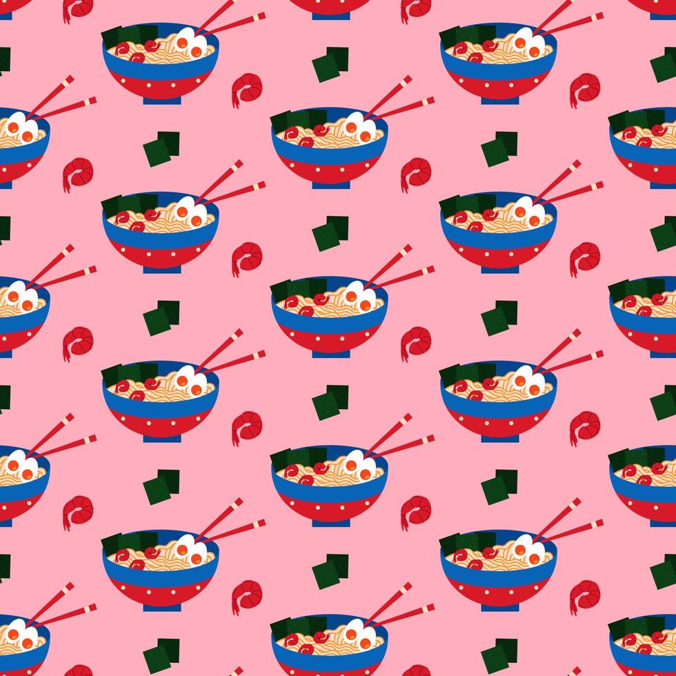 Seamless pattern with chinese soup ramen, prawns and nori seaweed on pink background. vector