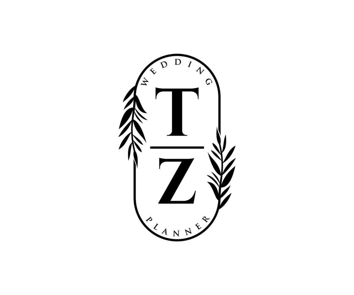 colección de logotipos de monograma de boda con letras iniciales tz, plantillas florales y minimalistas modernas dibujadas a mano para tarjetas de invitación, guardar la fecha, identidad elegante para restaurante, boutique, café en vector