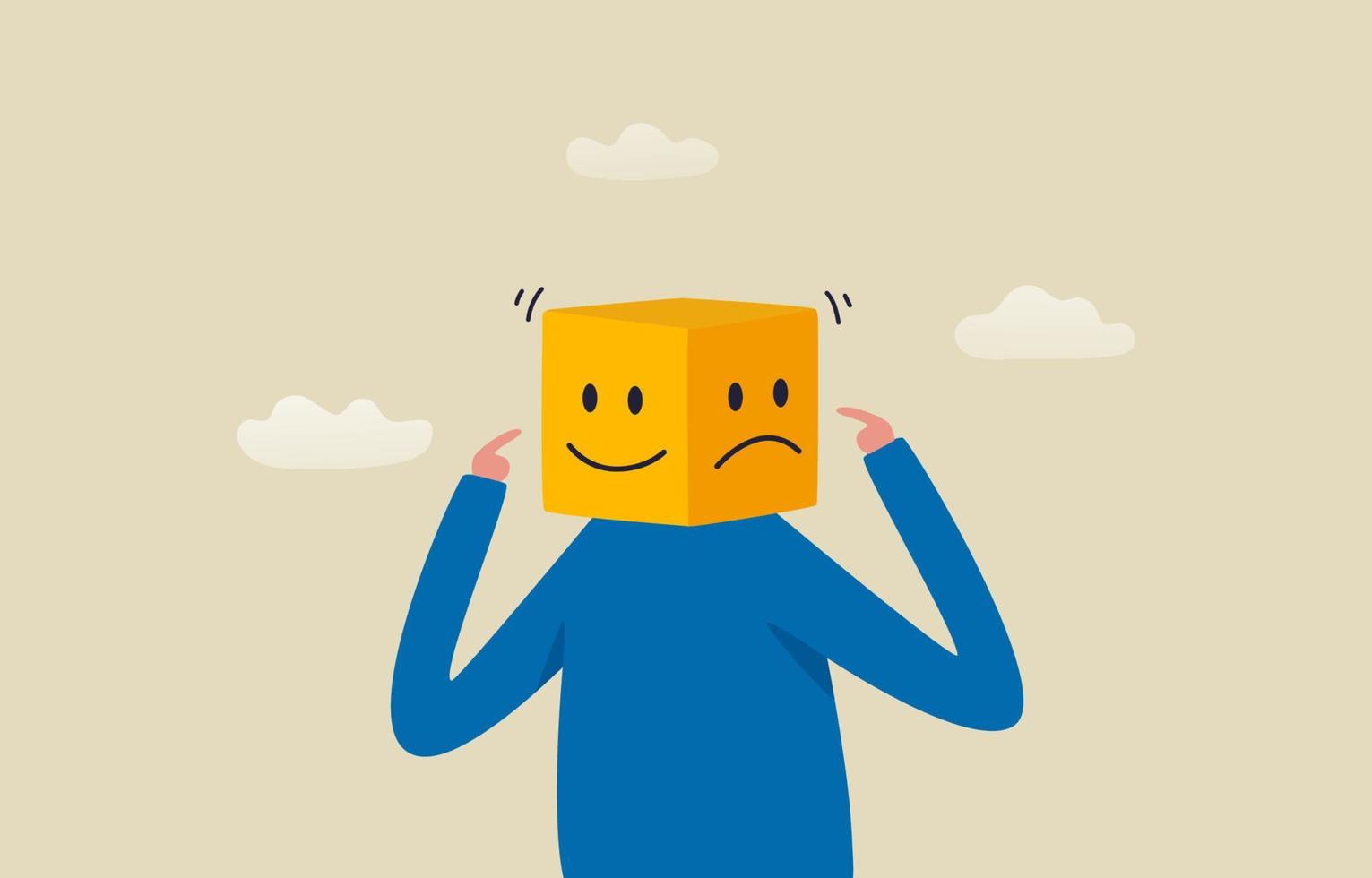 Identity Disorder or Bipolar. Angry and smiling faces. Confused young man. Illustration vector