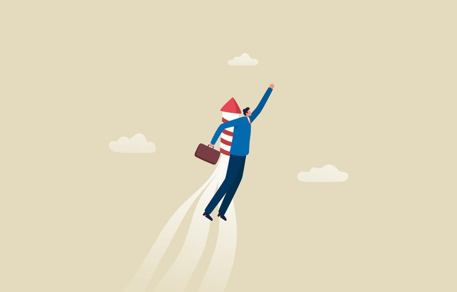Determination and Courage. careEntrepreneurship, startup vision. starting a business. Ambitious career growth. Businessman with rocket accelerating upwards. illustration vector