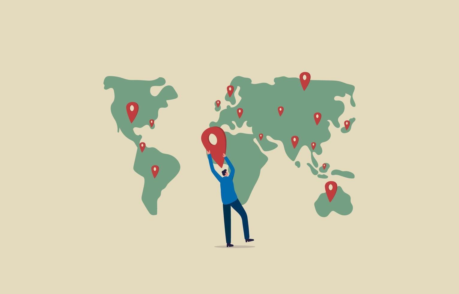 estrategia de expansión mundial. hacer crecer el negocio en un global. hombre de negocios poniendo pin nueva rama en el mapa mundial global. ilustración vector