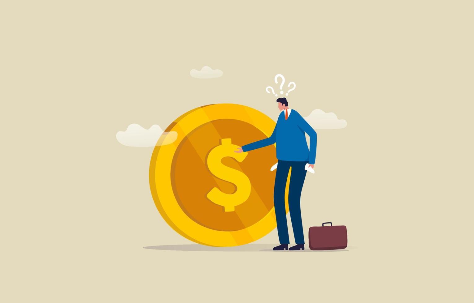 Financial questions. experiencing financial problems or investment problems. Frustrated man near huge coin thinking of financial problems. illustration vector