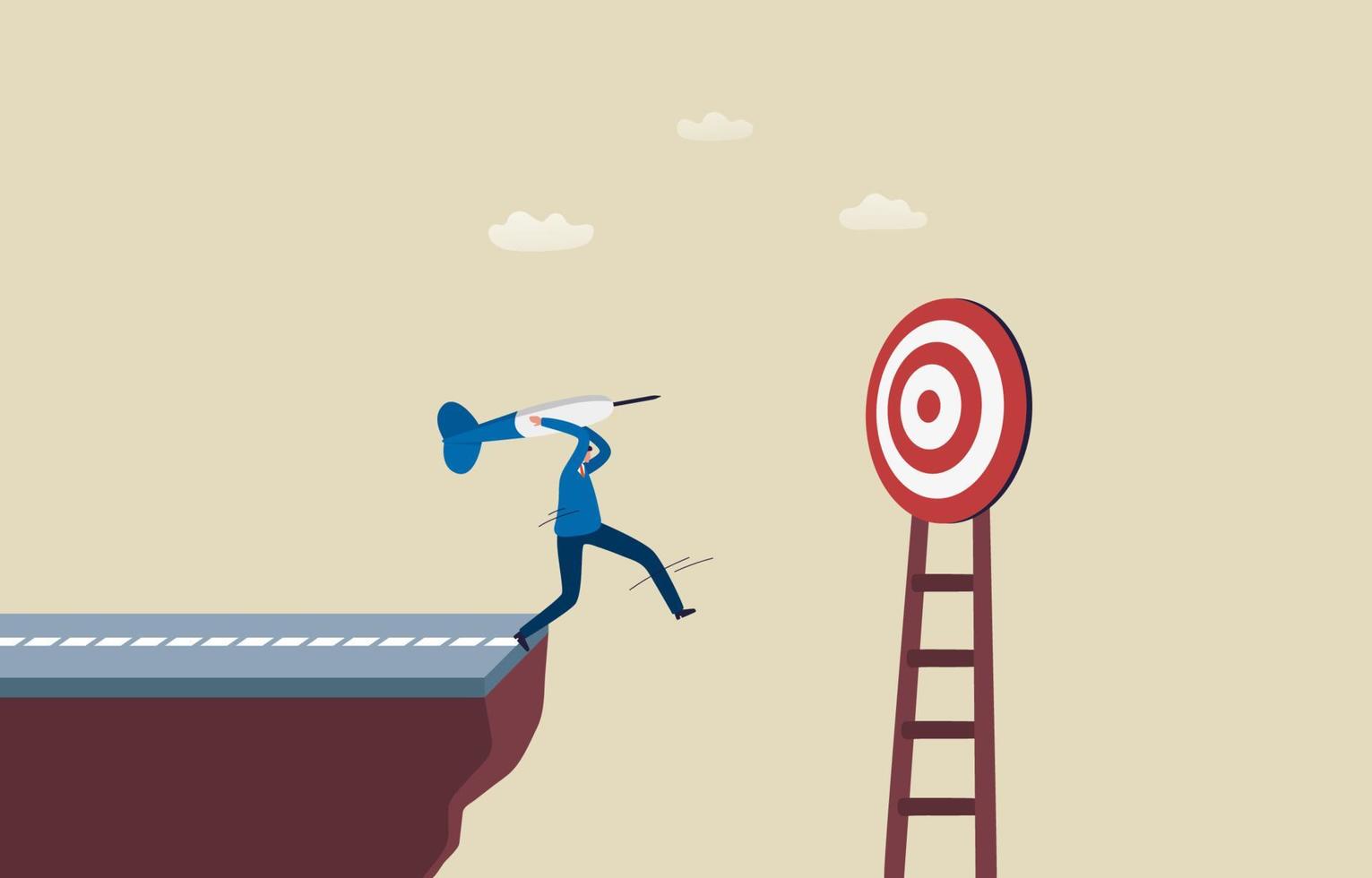 Ambitious towards to goals. Learned to overcome obstacles of business. Businessman holding a dart jumps over a cliff to the target. Illustration vector