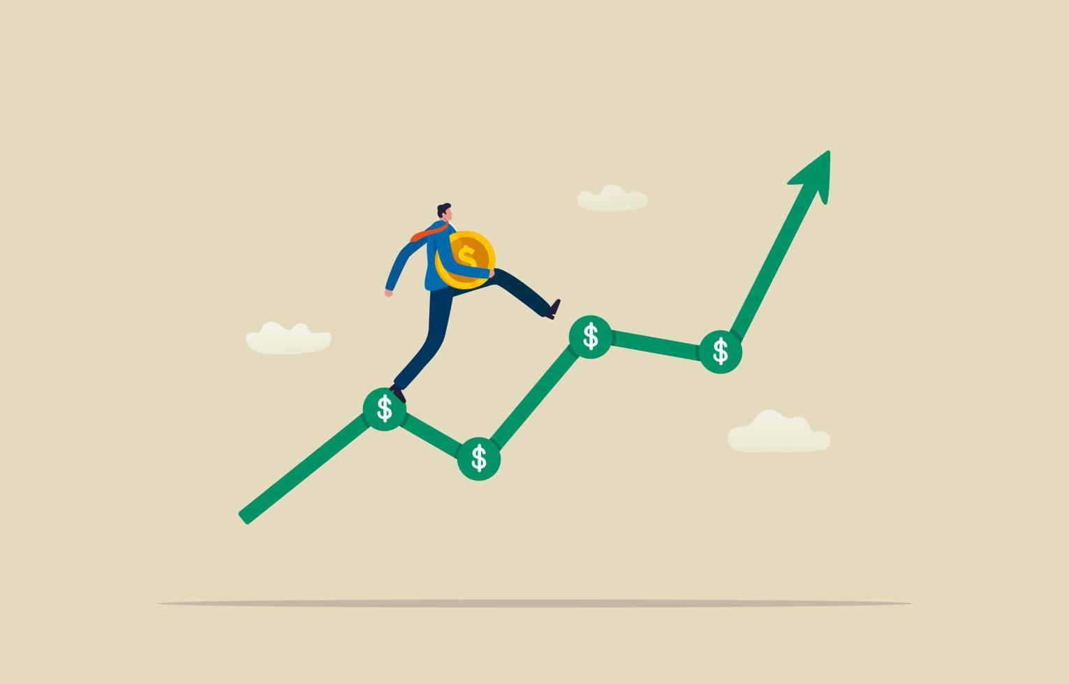Profit and Business Growth. investment growth or earning and profit rising up. Businessman investor holding gold coins walking up on rising graph. Illustration vector