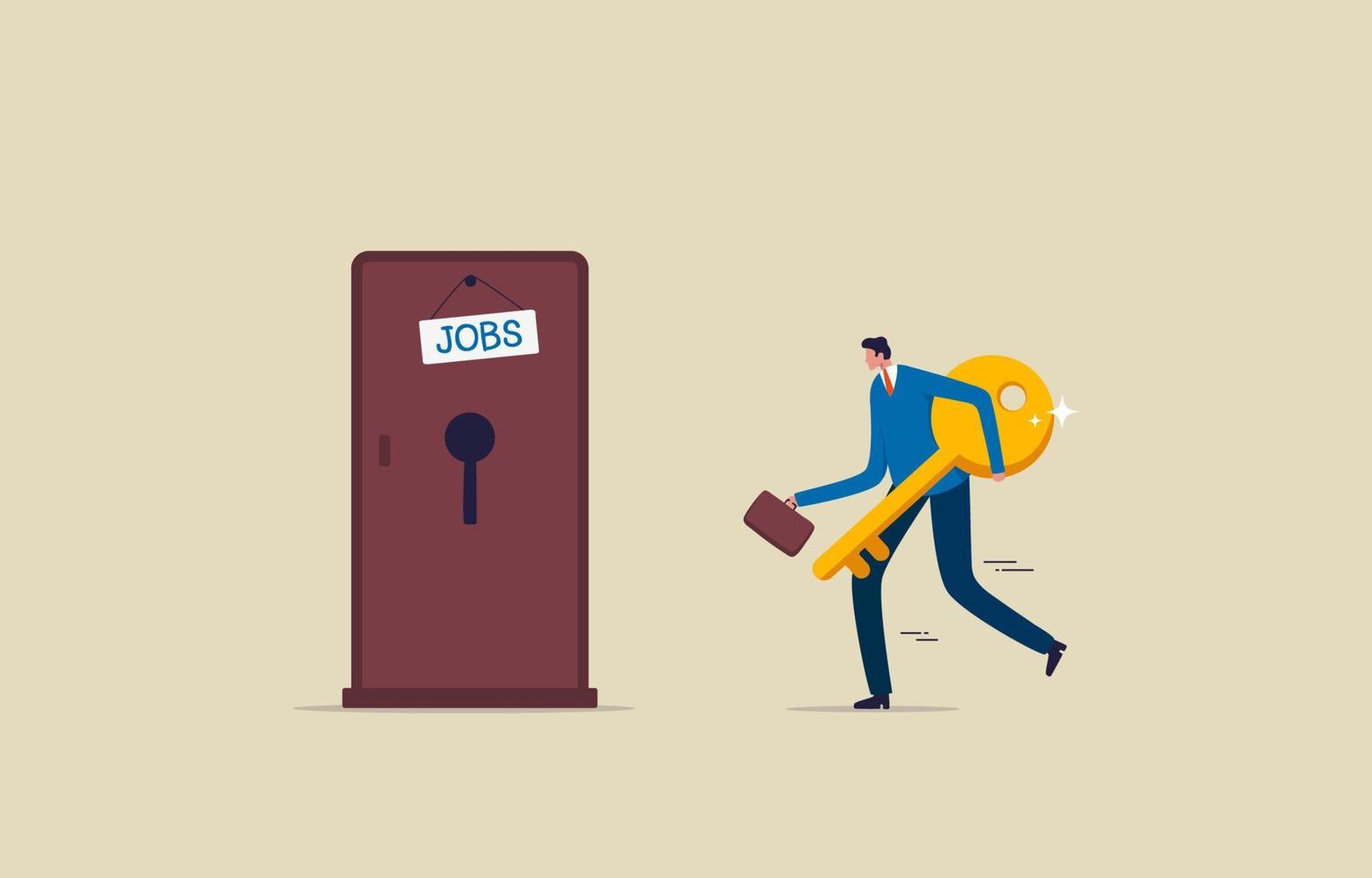 Dream job. Key success to career. achieve career target concept. Opportunity for promotion or new job. Businessman walking and holding key open door to path to career success. Illustration vector