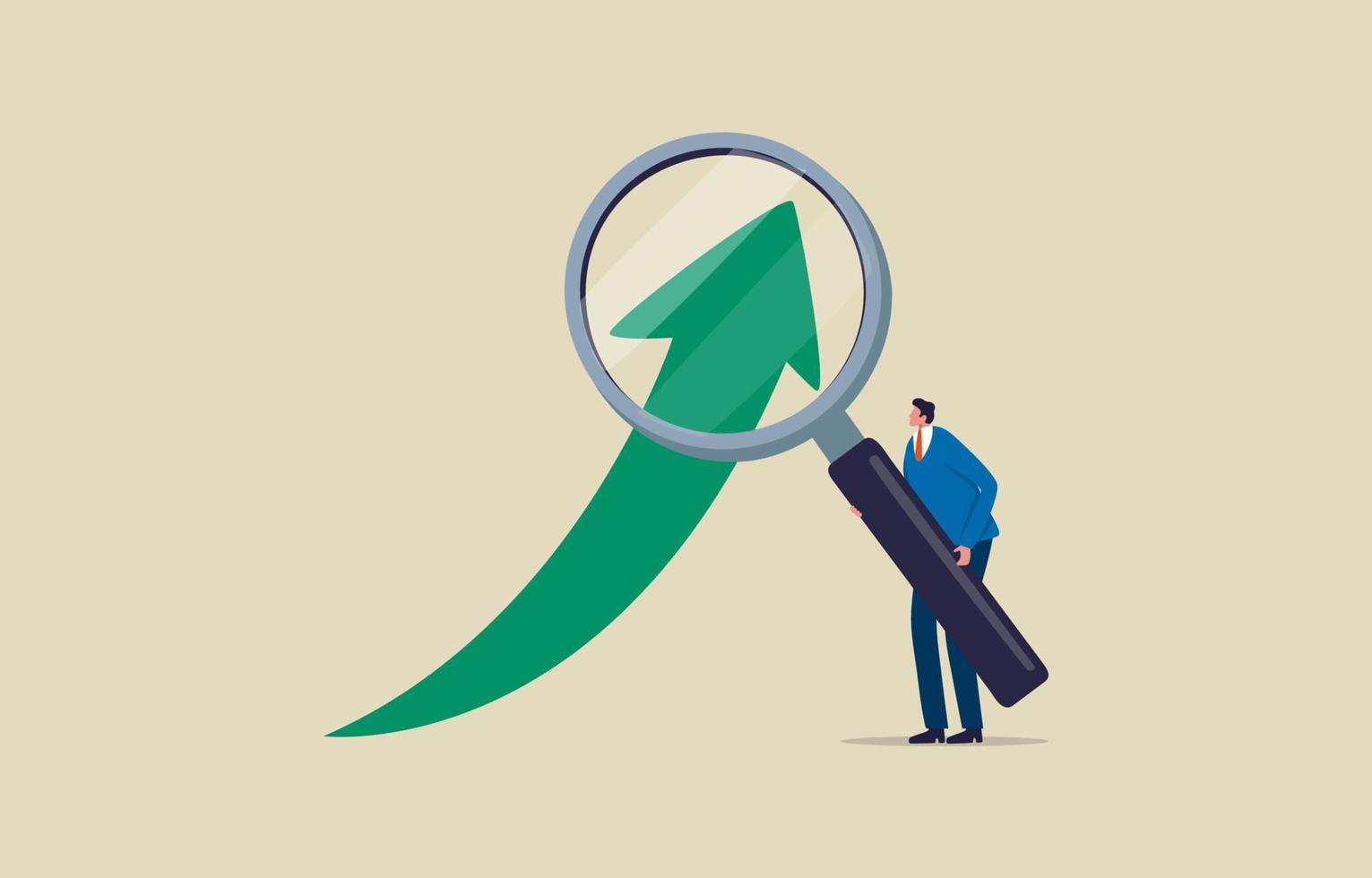 Profit and Company growth. Analyze data for insight information. Businessman using a magnifying glass to look at the green arrow graph. Illustration vector