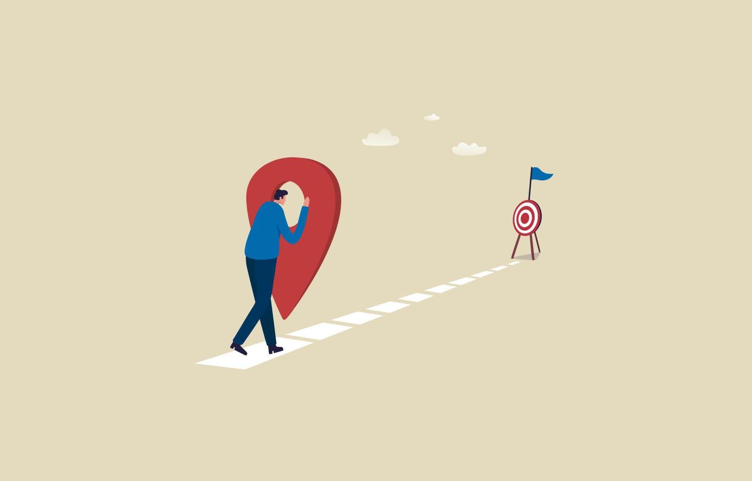 Goal tracking. Follow up on targeted. Progress from beginning to success. Map or direction to navigate to goal. Businessman following Pin. Illustration vector