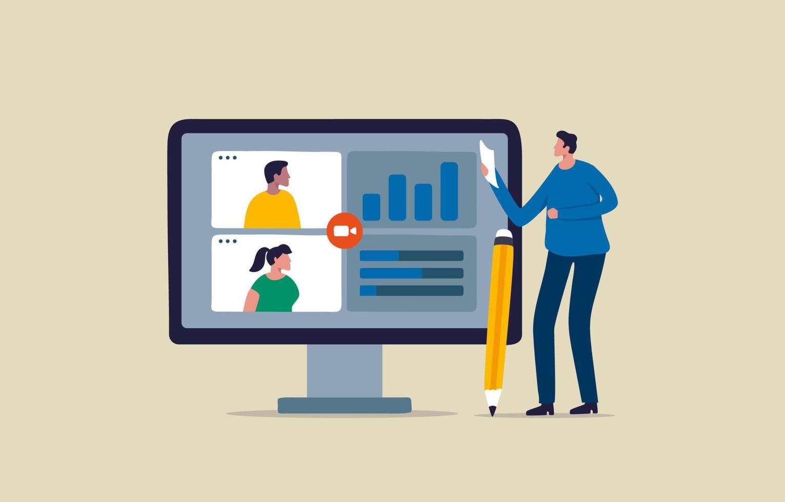 Remote and Hybrid Work. Virtually meeting team. Business people having video conference. Illustration vector