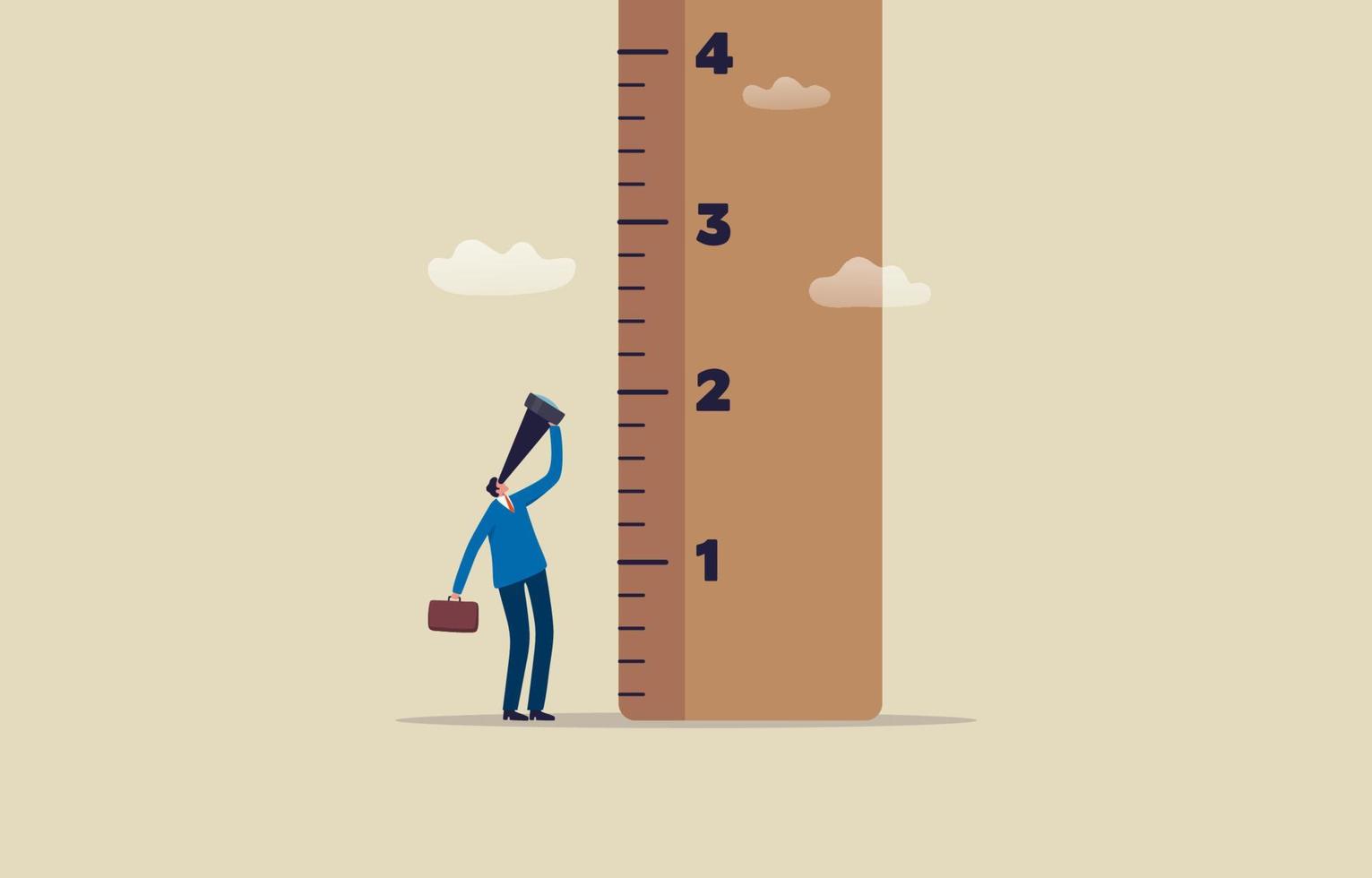 Business Career Growth. Businessman looking for the peak of growth. Looks up at a large wooden ruler in the sky. Illustration vector