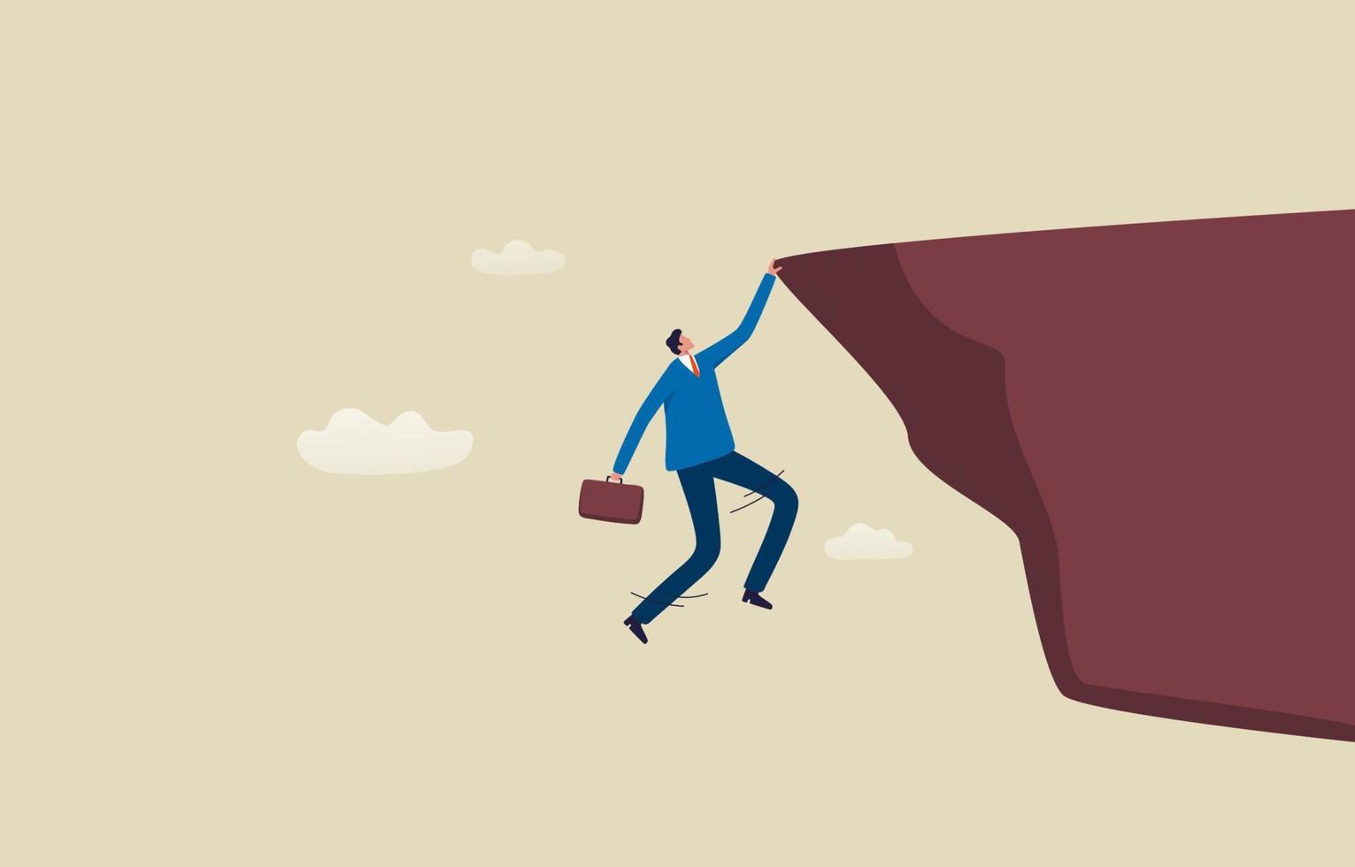 Business risk and crisis. Risk management, control. Businessman dangerously on edge of cliff holding by one hand. vector