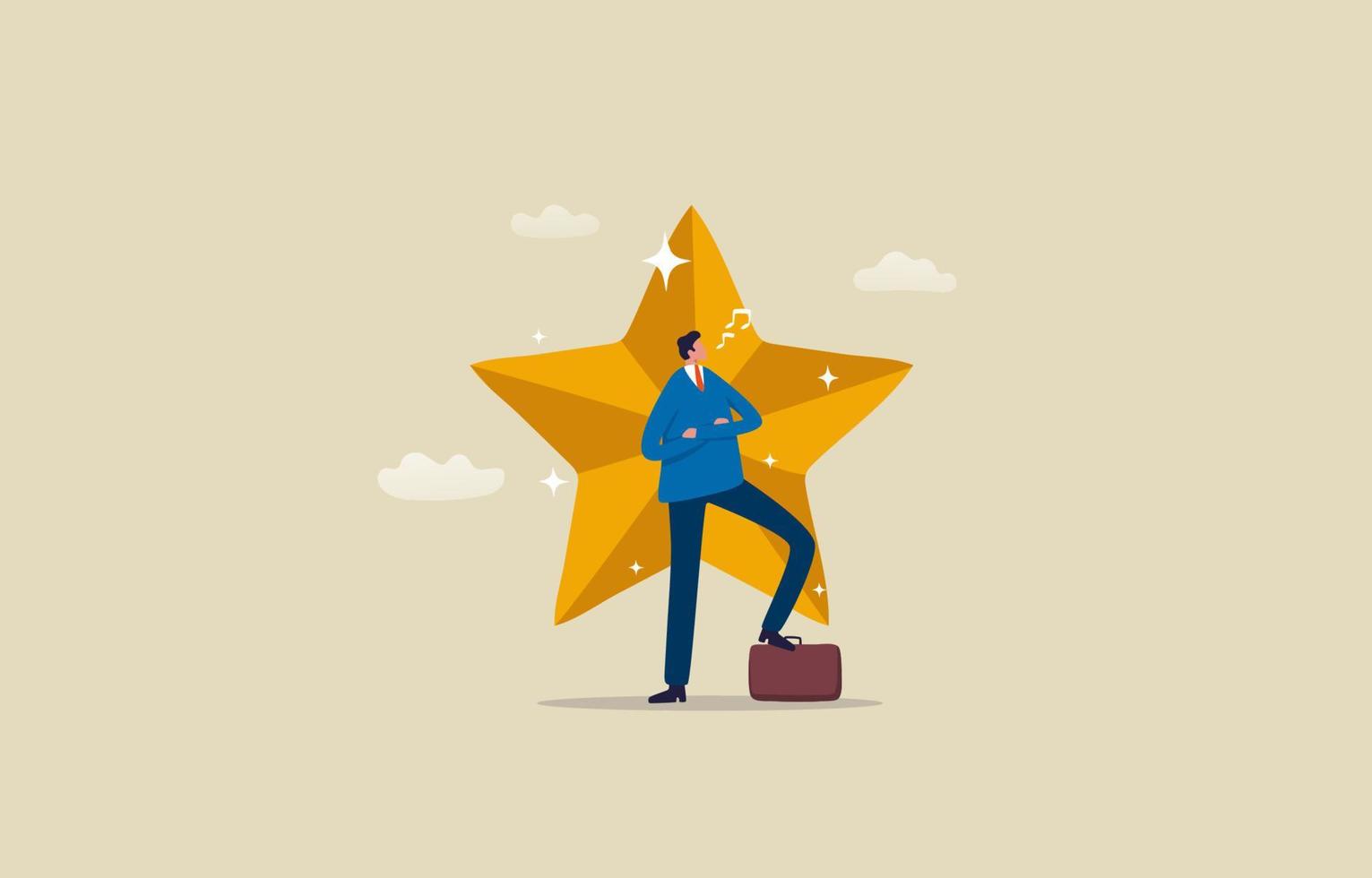 Golden star business success award. Businessman standing next the star. illustration vector