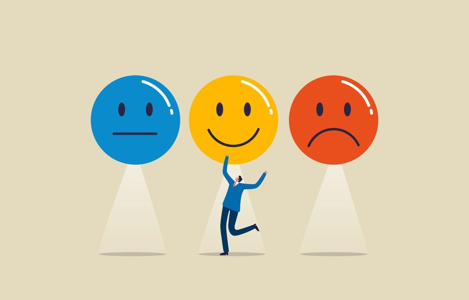 Emotional face choice. Emotional Intelligence or Psychology positive and negative. Young man or businessman chooses a smiley face. Illustration vector