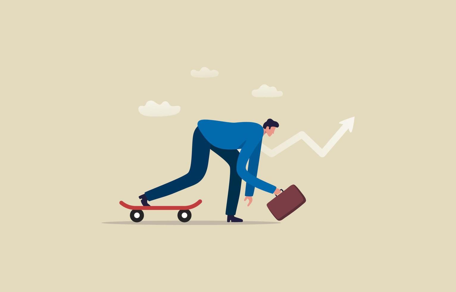 Start a new business or a new job. Start up growth in finance or career path. Determination to win. Businessman ready at starting point and skateboard. Illustration vector