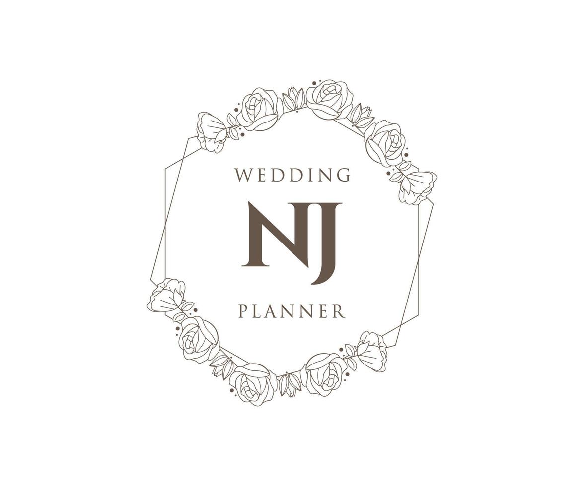 colección de logotipos de monograma de boda con letras iniciales de nj, plantillas florales y minimalistas modernas dibujadas a mano para tarjetas de invitación, guardar la fecha, identidad elegante para restaurante, boutique, café en vector