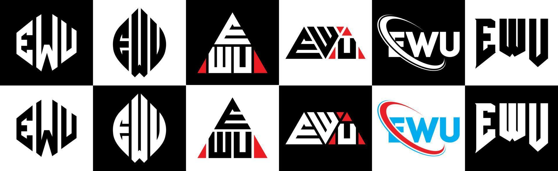 EWU letter logo design in six style. EWU polygon, circle, triangle, hexagon, flat and simple style with black and white color variation letter logo set in one artboard. EWU minimalist and classic logo vector