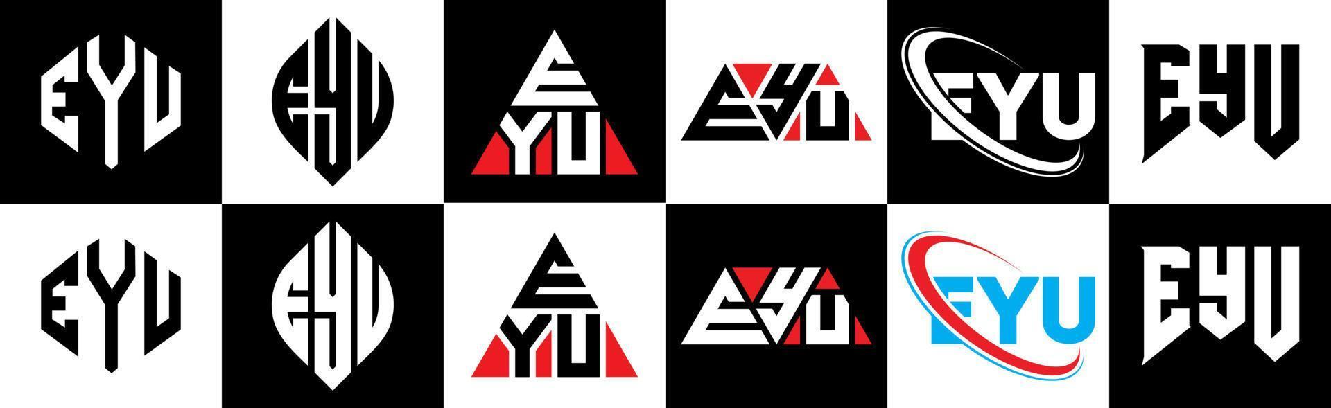 diseño del logotipo de la letra eyu en seis estilos. eyu polígono, círculo, triángulo, hexágono, estilo plano y simple con logotipo de letra de variación de color blanco y negro en una mesa de trabajo. logotipo minimalista y clásico de eyu vector