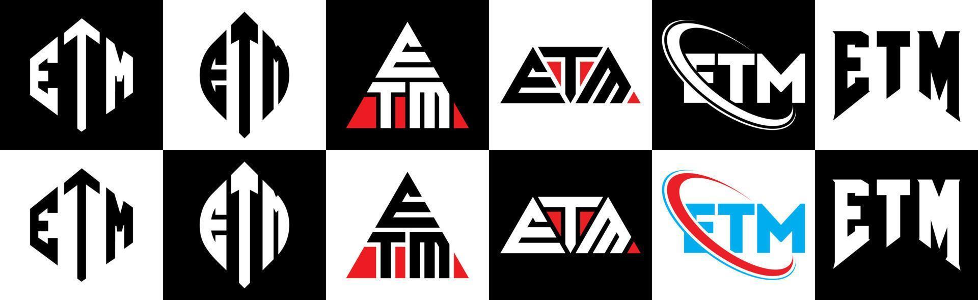 diseño de logotipo de letra etm en seis estilos. etm polígono, círculo, triángulo, hexágono, estilo plano y simple con logotipo de letra de variación de color blanco y negro en una mesa de trabajo. logotipo minimalista y clásico de etm vector