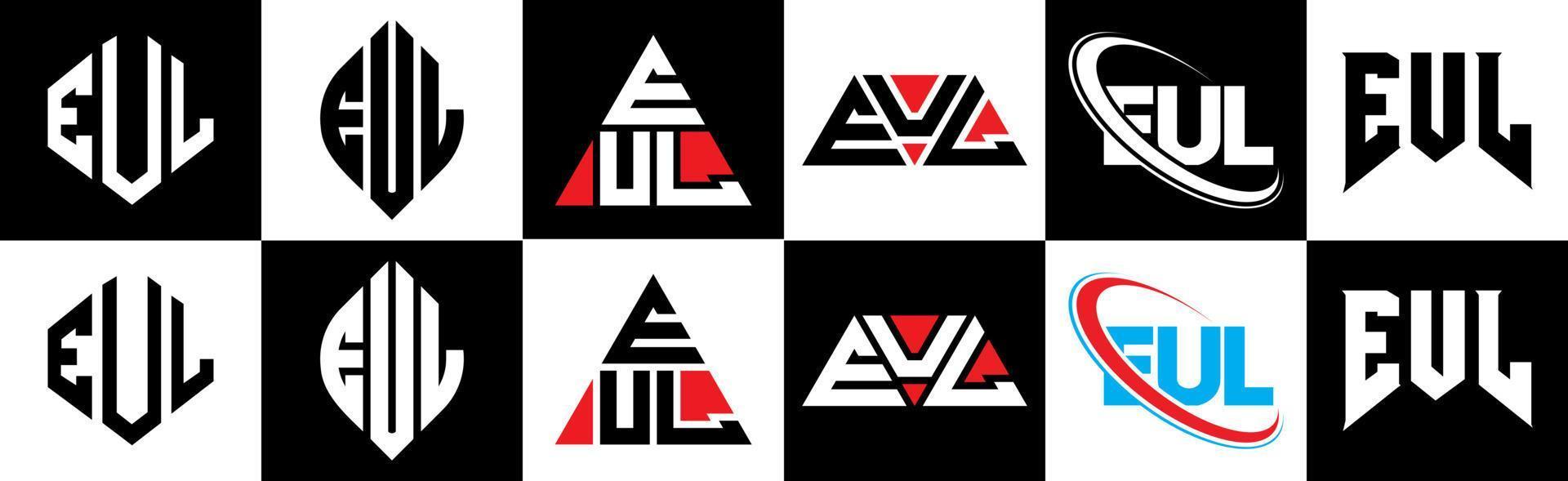 diseño del logotipo de la letra eul en seis estilos. eul polígono, círculo, triángulo, hexágono, estilo plano y simple con logotipo de letra de variación de color blanco y negro en una mesa de trabajo. eul logo minimalista y clásico vector