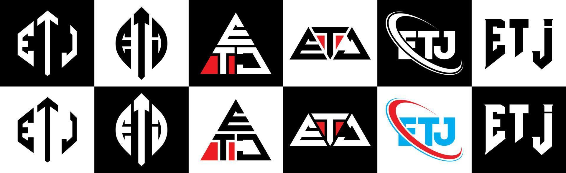 diseño de logotipo de letra etj en seis estilos. etj polígono, círculo, triángulo, hexágono, estilo plano y simple con logotipo de letra de variación de color blanco y negro en una mesa de trabajo. etj logotipo minimalista y clásico vector