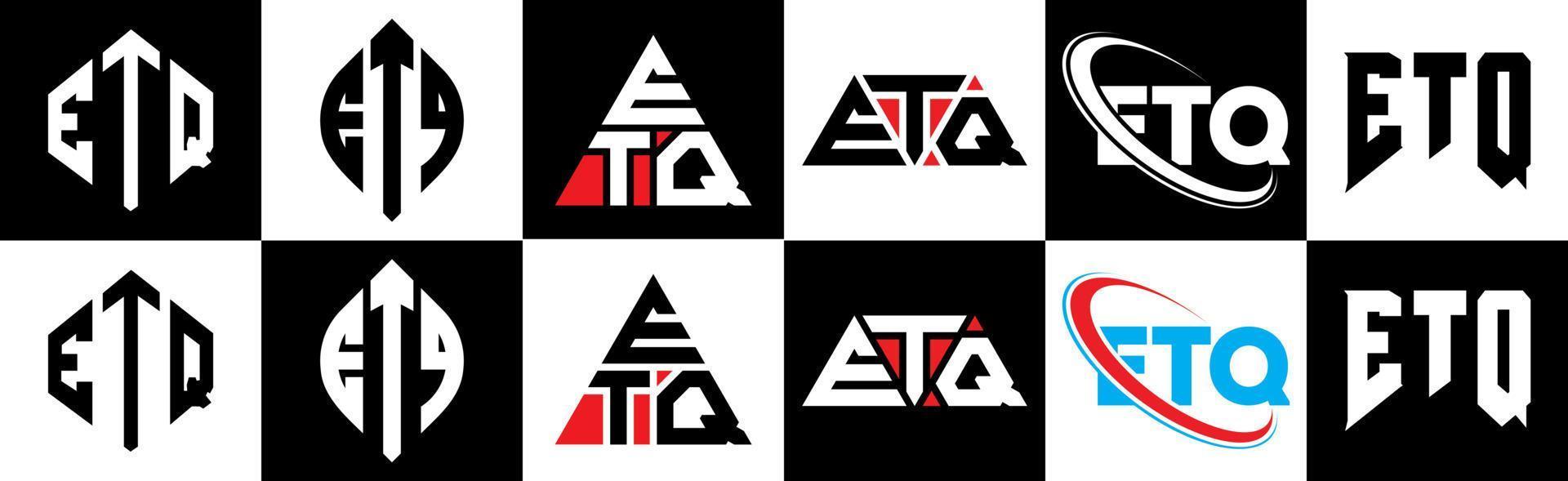 Diseño de logotipo de letra etq en seis estilos. etq polígono, círculo, triángulo, hexágono, estilo plano y simple con logotipo de letra de variación de color blanco y negro en una mesa de trabajo. etq logotipo minimalista y clásico vector