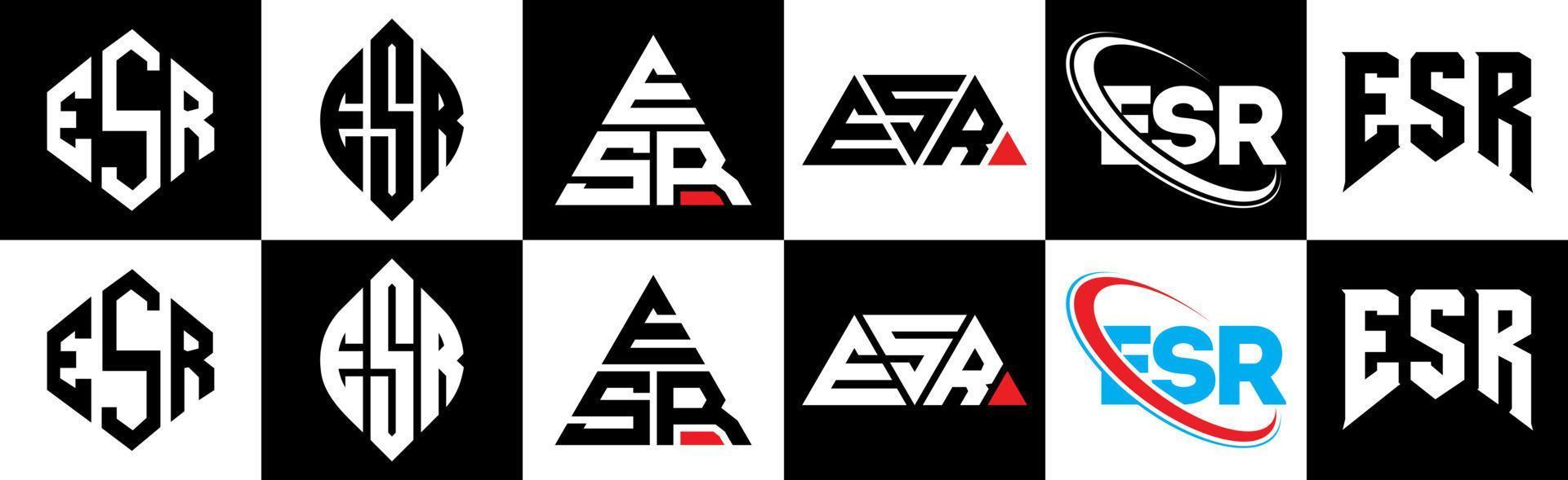 ESR letter logo design in six style. ESR polygon, circle, triangle, hexagon, flat and simple style with black and white color variation letter logo set in one artboard. ESR minimalist and classic logo vector