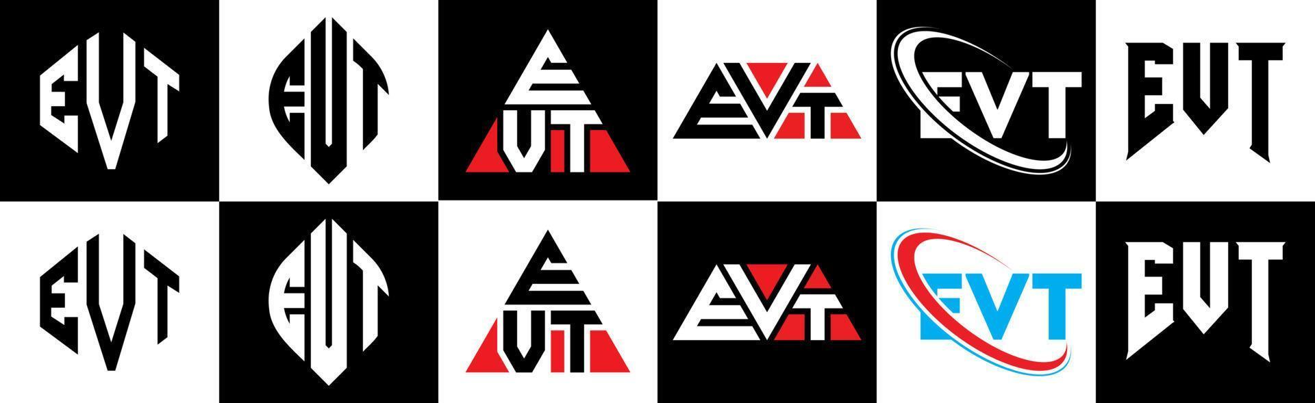 EVT letter logo design in six style. EVT polygon, circle, triangle, hexagon, flat and simple style with black and white color variation letter logo set in one artboard. EVT minimalist and classic logo vector