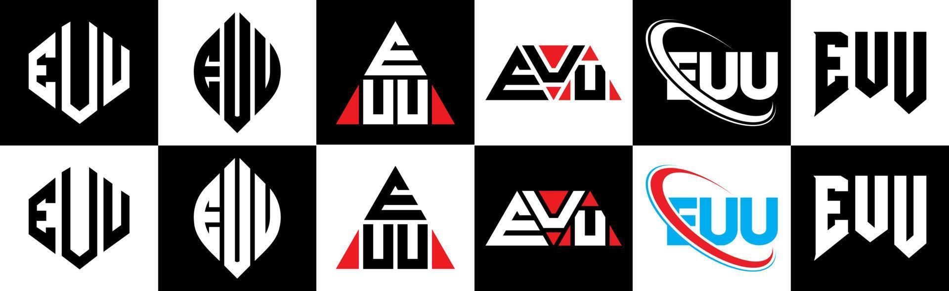 Diseño del logotipo de la letra euu en seis estilos. euu polígono, círculo, triángulo, hexágono, estilo plano y simple con logotipo de letra de variación de color blanco y negro en una mesa de trabajo. euu logotipo minimalista y clásico vector