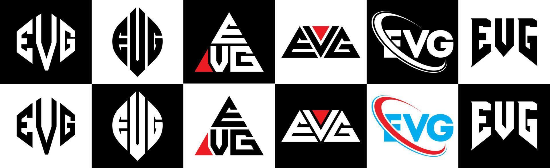 EVG letter logo design in six style. EVG polygon, circle, triangle, hexagon, flat and simple style with black and white color variation letter logo set in one artboard. EVG minimalist and classic logo vector