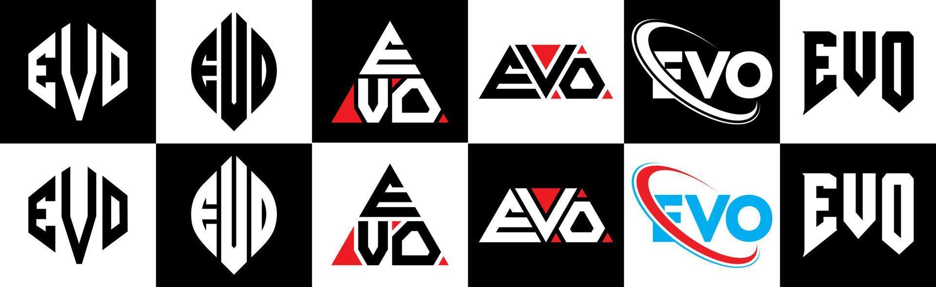 diseño de logotipo de letra evo en seis estilos. evo polígono, círculo, triángulo, hexágono, estilo plano y simple con logotipo de letra de variación de color blanco y negro en una mesa de trabajo. logotipo evo minimalista y clásico vector