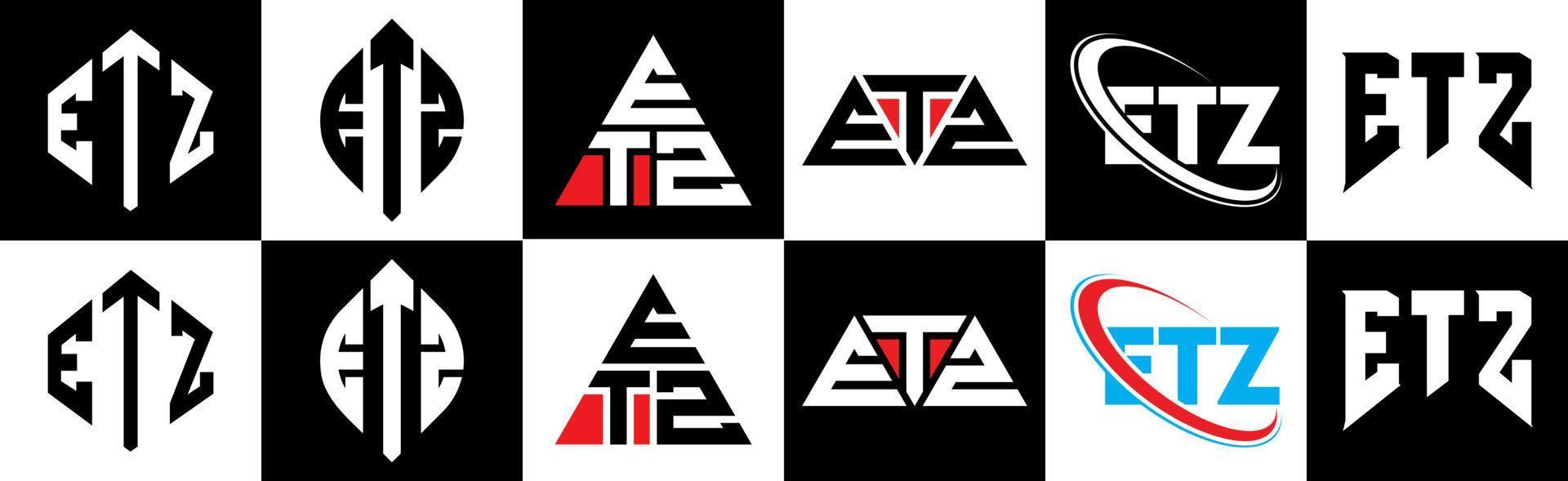 Diseño de logotipo de letra etz en seis estilos. etz polígono, círculo, triángulo, hexágono, estilo plano y simple con logotipo de letra de variación de color blanco y negro en una mesa de trabajo. logotipo minimalista y clásico de etz vector