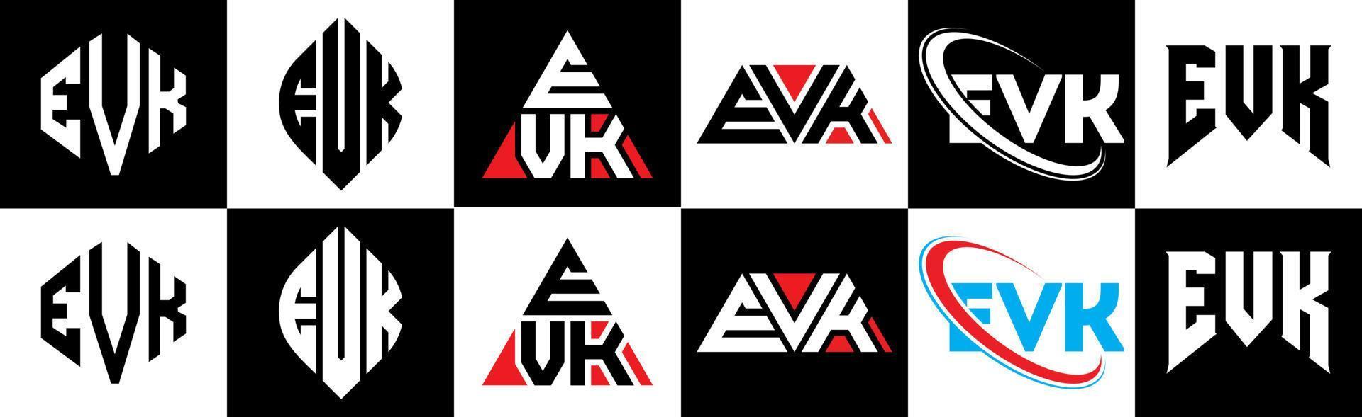 EVK letter logo design in six style. EVK polygon, circle, triangle, hexagon, flat and simple style with black and white color variation letter logo set in one artboard. EVK minimalist and classic logo vector