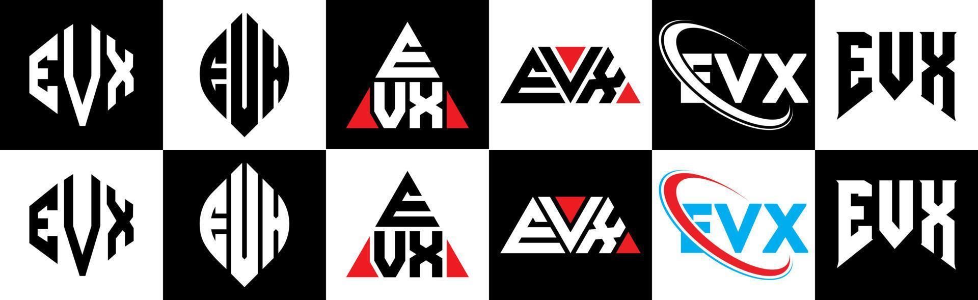 Diseño de logotipo de letra evx en seis estilos. polígono evx, círculo, triángulo, hexágono, estilo plano y simple con logotipo de letra de variación de color blanco y negro en una mesa de trabajo. logotipo minimalista y clásico de evx vector