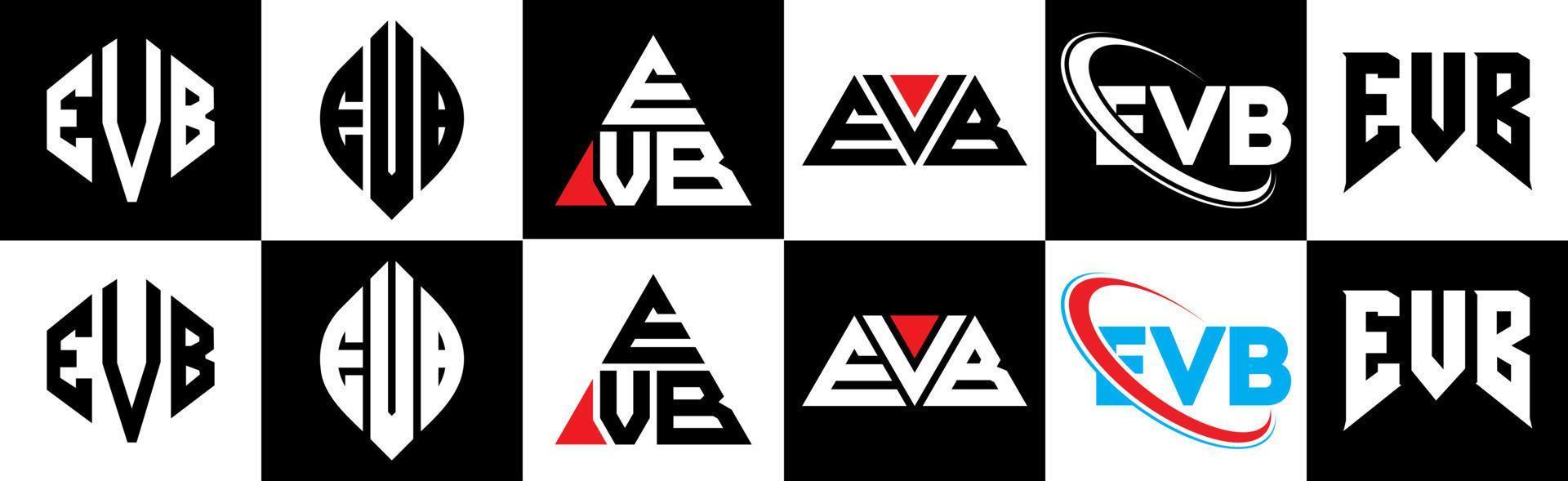 diseño de logotipo de letra evb en seis estilos. polígono evb, círculo, triángulo, hexágono, estilo plano y simple con logotipo de letra de variación de color blanco y negro en una mesa de trabajo. logotipo minimalista y clásico de evb vector