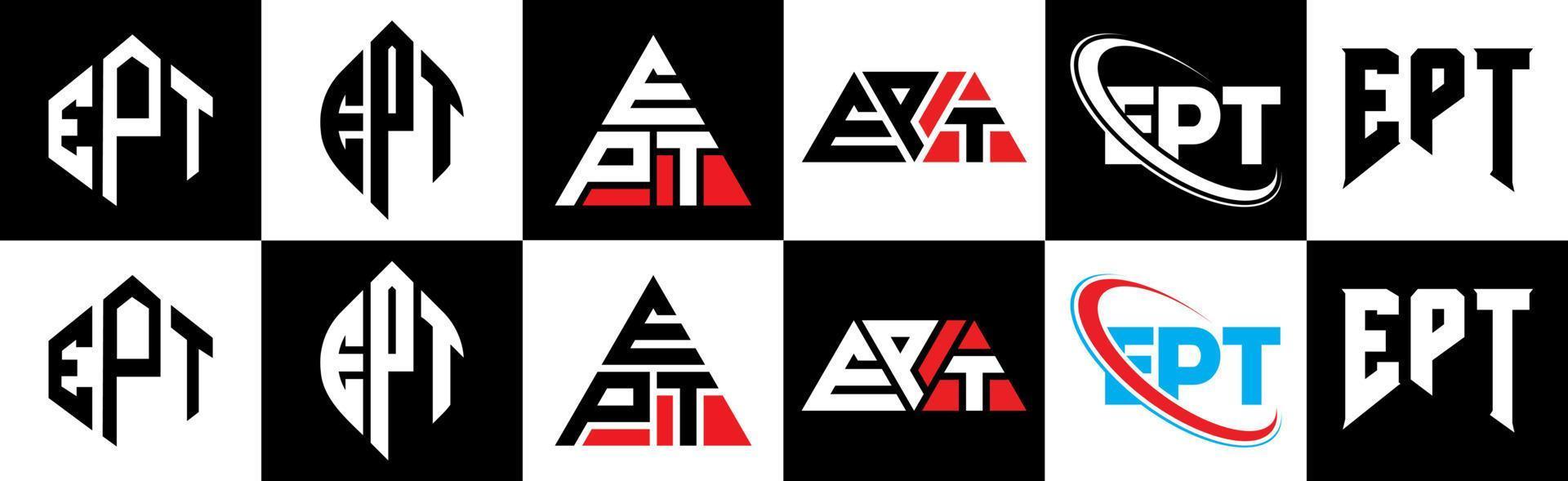 diseño de logotipo de letra ept en seis estilos. ept polígono, círculo, triángulo, hexágono, estilo plano y simple con logotipo de letra de variación de color blanco y negro en una mesa de trabajo. logotipo ept minimalista y clásico vector