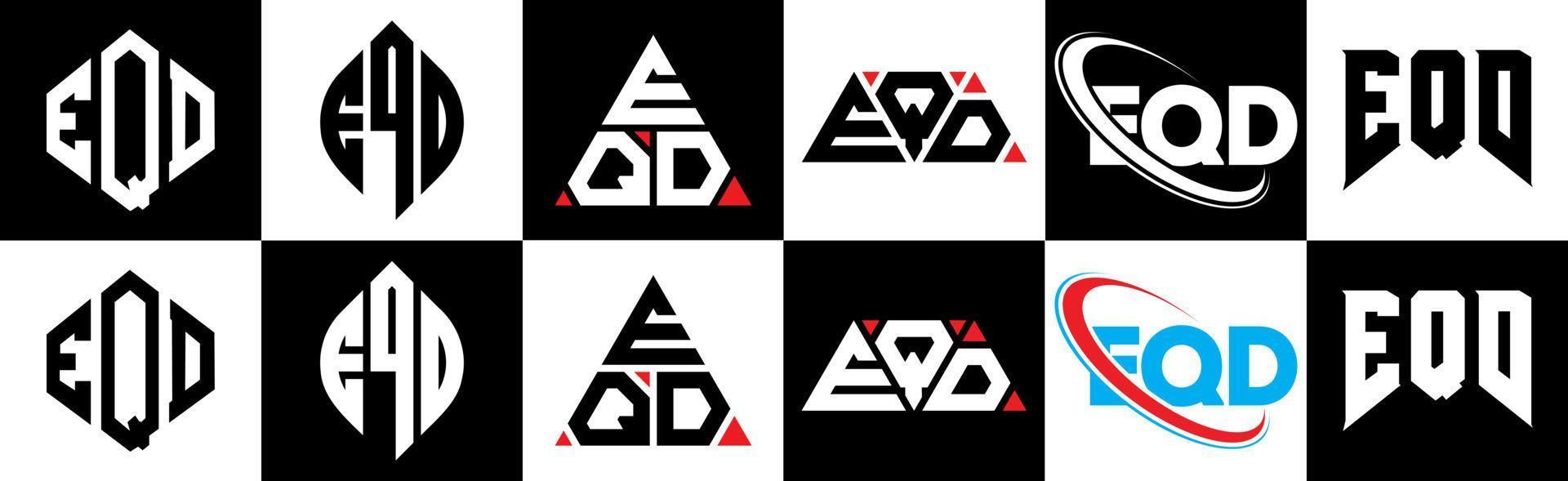 diseño de logotipo de letra eqd en seis estilos. polígono eqd, círculo, triángulo, hexágono, estilo plano y simple con logotipo de letra de variación de color blanco y negro en una mesa de trabajo. logotipo minimalista y clásico de eqd vector