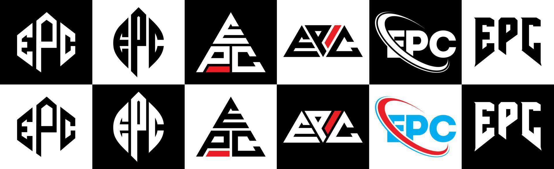 diseño de logotipo de letra epc en seis estilos. epc polígono, círculo, triángulo, hexágono, estilo plano y simple con logotipo de letra de variación de color blanco y negro en una mesa de trabajo. logotipo minimalista y clásico de epc vector