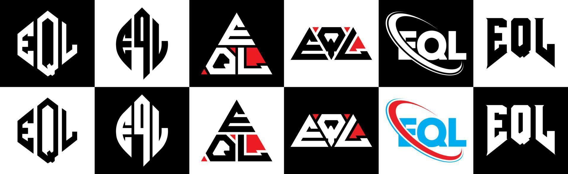 Diseño de logotipo de letra eql en seis estilos. eql polígono, círculo, triángulo, hexágono, estilo plano y simple con logotipo de letra de variación de color blanco y negro en una mesa de trabajo. logotipo minimalista y clásico de eql vector