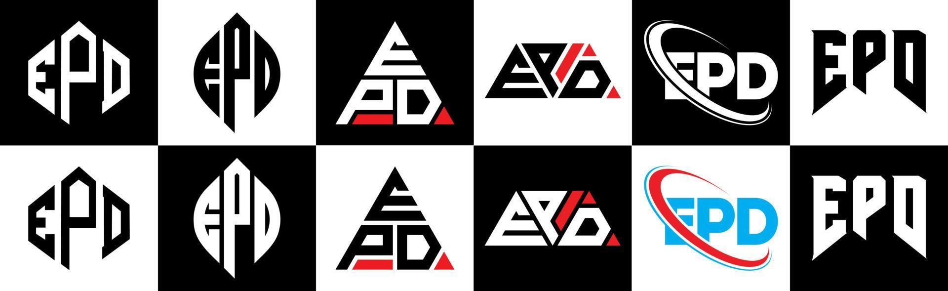 diseño de logotipo de letra epd en seis estilos. polígono epd, círculo, triángulo, hexágono, estilo plano y simple con logotipo de letra de variación de color blanco y negro en una mesa de trabajo. logotipo minimalista y clásico de epd vector