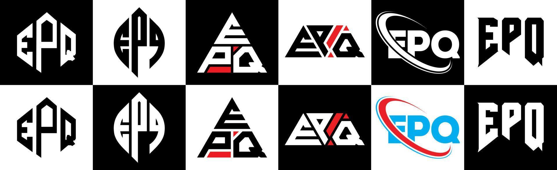 diseño de logotipo de letra epq en seis estilos. polígono epq, círculo, triángulo, hexágono, estilo plano y simple con logotipo de letra de variación de color blanco y negro en una mesa de trabajo. logotipo minimalista y clásico de epq vector