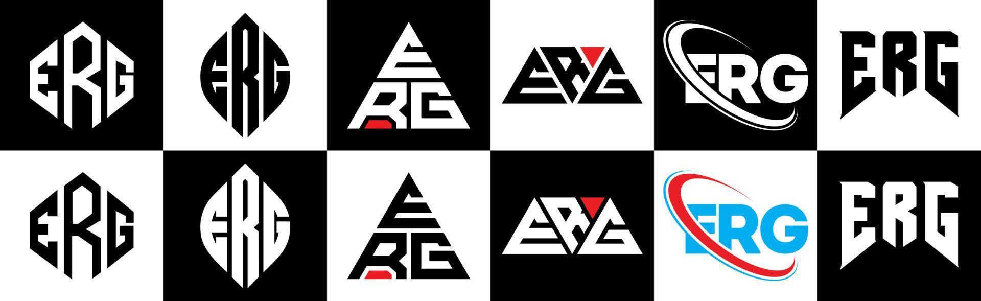 diseño de logotipo de letra erg en seis estilos. polígono erg, círculo, triángulo, hexágono, estilo plano y simple con logotipo de letra de variación de color blanco y negro en una mesa de trabajo. logotipo minimalista y clásico de erg vector