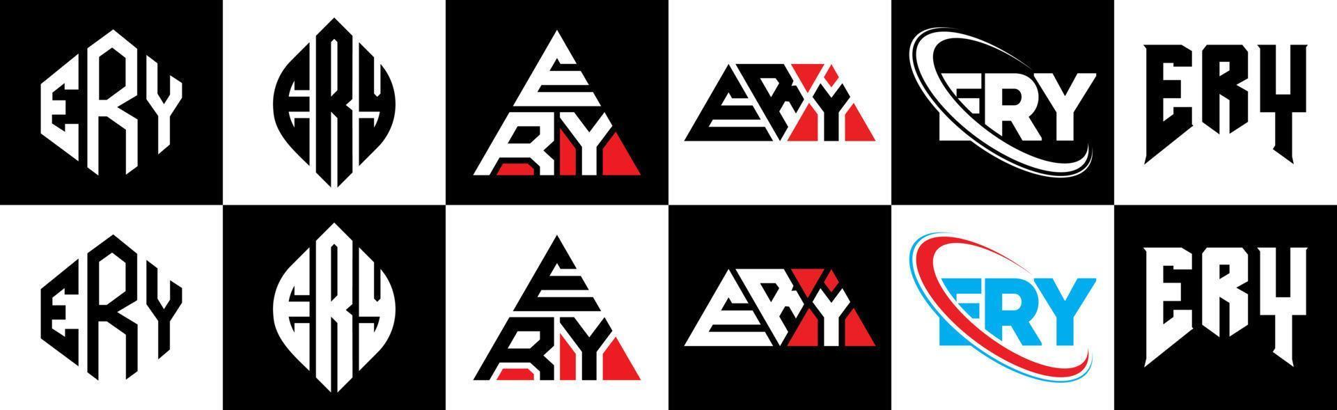 ERY letter logo design in six style. ERY polygon, circle, triangle, hexagon, flat and simple style with black and white color variation letter logo set in one artboard. ERY minimalist and classic logo vector