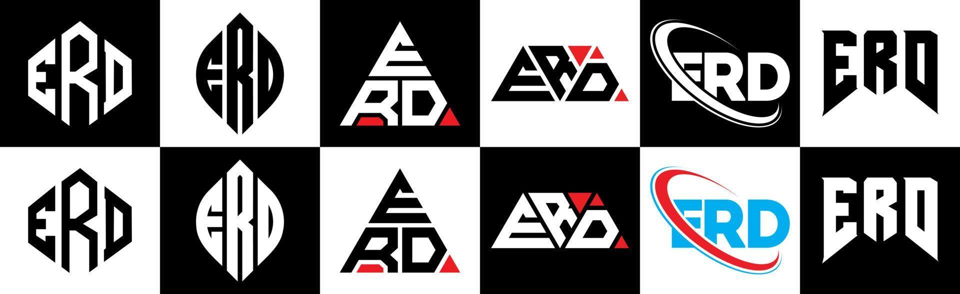 ERD letter logo design in six style. ERD polygon, circle, triangle, hexagon, flat and simple style with black and white color variation letter logo set in one artboard. ERD minimalist and classic logo vector